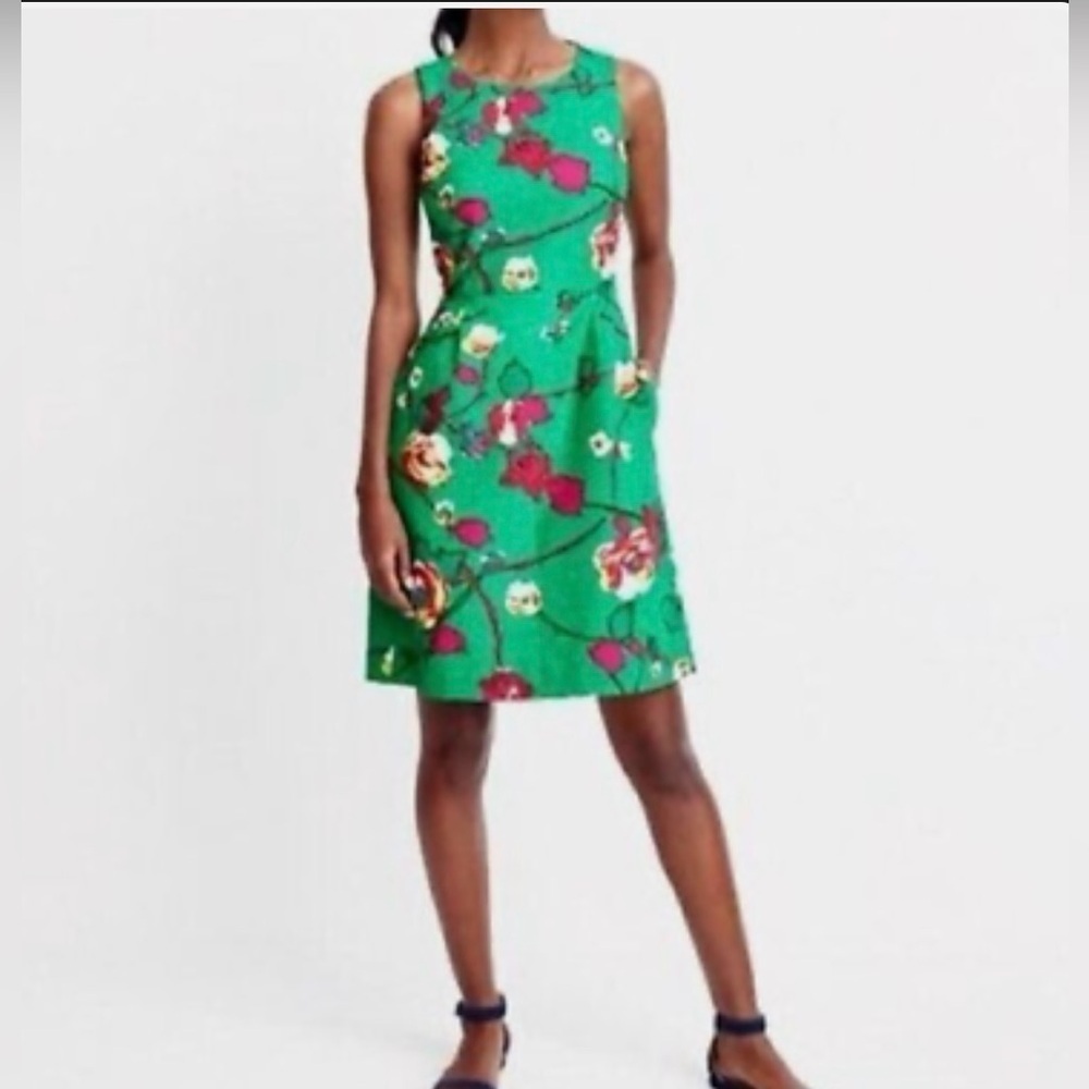 J. Crew Pleated Shift Dress Floral Green Linen Sleeveless Knee Length Size 2